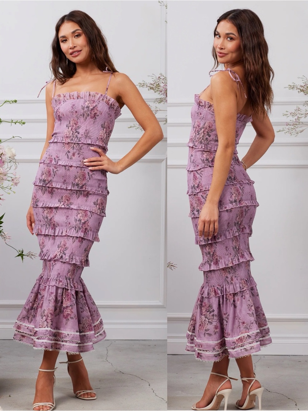 NEW NWT V. Chapman Geranium Smocked Midi Dress In Lilac Tapestry Rose